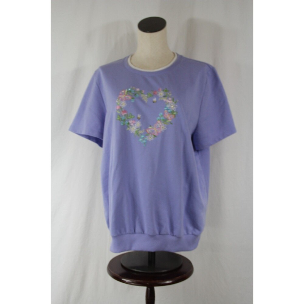 Afred Dunner short sleeve sweater floral heart embroidery size L Granny chic
